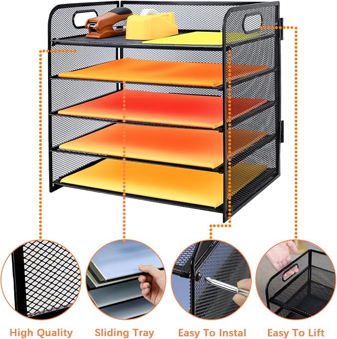 5-Tier Paper Letter Tray Organizer with File Holder，Paper Sorter Desk Organizer Metal mesh Desk Tray for Home Office School