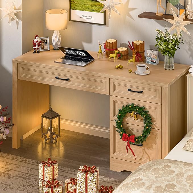 Vabches Farmhouse Executive Desk with Storage and Ample File Drawer, Rustic Large Home Writing Desk for Bedroom, Natural
