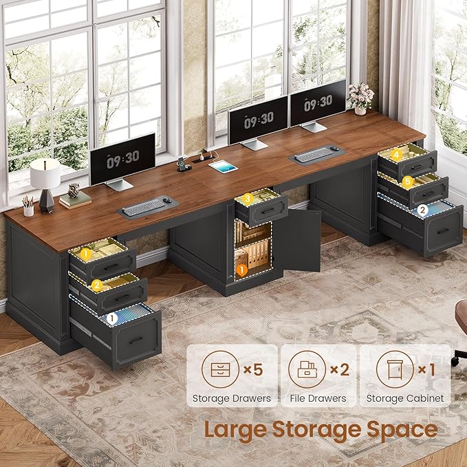 SEDETA Farmhouse 110.3" Two Person Desk with 7 Drawers, Long Computer Desk with Storage Cabinet, 2 Person Desk with Power Outlets for Home Office, Black+Brown