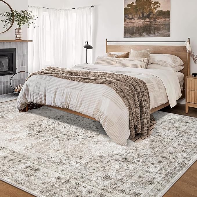 Area Rug 9x12 Vintage Rug: Large Washable Indoor Medallion Rugs Low Pile Distressed Floor Carpet Retro Accent Rug for Living Room Bedroom Kitchen Dining Table Home Office(Distressed Taupe, 9'x12')