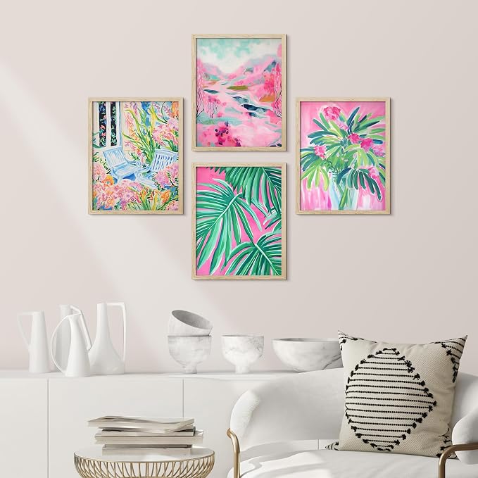 SIGNWIN Framed Tropical and Floral Bright Botanical Preppy Room Decor Pink Decor Digital Art Modern Art Decorative Multicolor Scenic for Bedroom - 8"x10"x 4 Natural