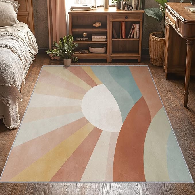 5x8 Boho Sun Rugs for Bedroom Decor, Washable Retro Sunrise Pattern Area Rug, Living Room Home Decoration, Non Slip Soft Thin, Mid Century Modern Decor Carpet PF-P 117