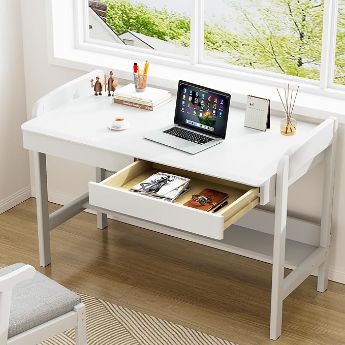 100% Solid Wood Desk with Drawers - 40 Inch Simple Modern Desks, Writing Desk with Drawers & Shelf, Work Study Table, Adjustable Height Home Office Computer Desks - White