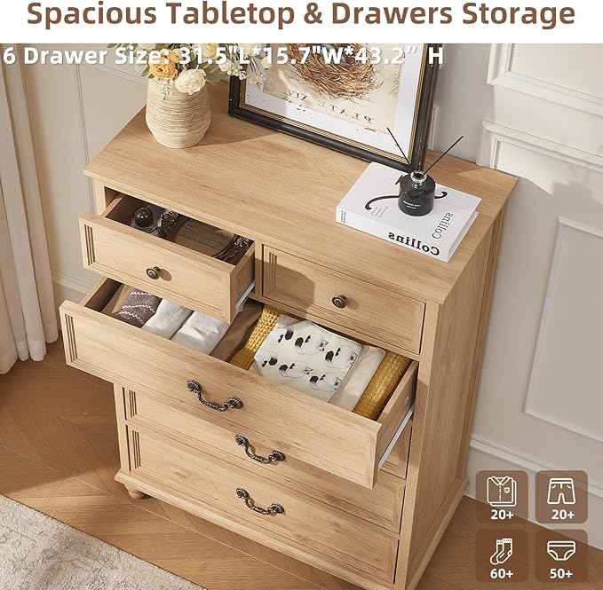 Farmhouse 6 Drawer Dresser Set of 2 for Bedroom, 42" Tall Rustic Chests of Drawers w/ 4 Solid Wood Feet, Mid Century Vintage Wooden Closet Storage Dressers Organizer for Living Room,Natural