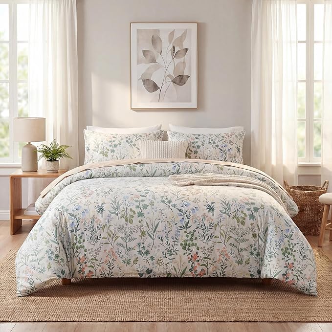 Duvet Cover Full Size 100% Cotton Comforter Cover Green Floral Breathable Duvet Cover with Zipper Closure & Corner Ties 3 Pcs Green Fragrant Grass Duvet Cover Set