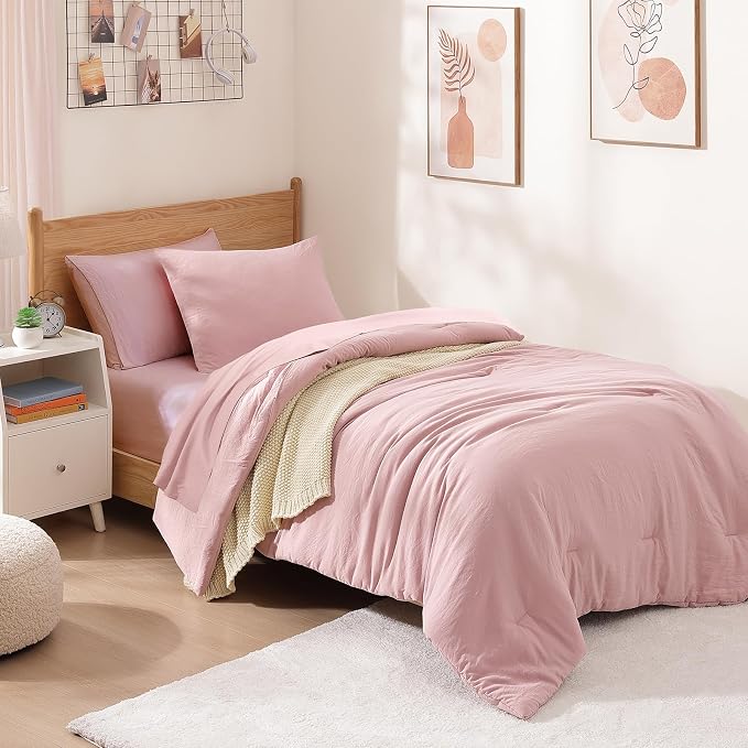 WRENSONGE Twin Comforter Set- 5 Pieces Soft Pink Twin Bed in a Bag, All Season Twin XL Bedding Sets with 1 Fitted Sheet, 1 Flat Sheet, 1 Pillow Sham and 1 Pillowcase