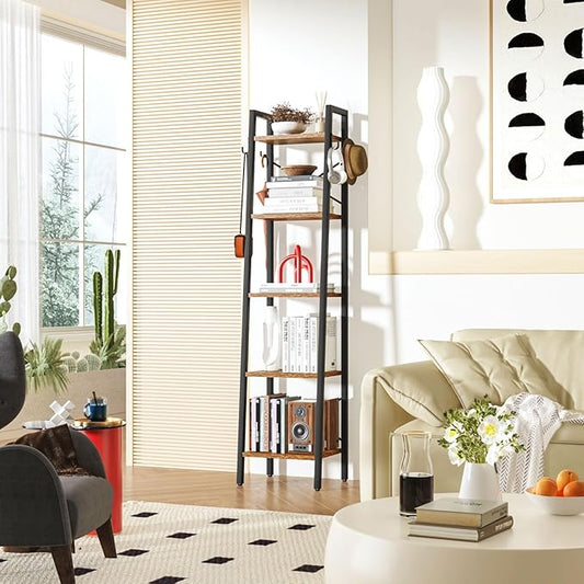 YMYNY 5 Tiers Ladder Bookcase, Industrial Narrow Bookshelf, Open Display Rack with 4 S Hooks, Metal Storage Shelves for Bedroom, Home Office, Living Room, Rustic Brown, 63H*13.4L*11.8W, UHBC025H