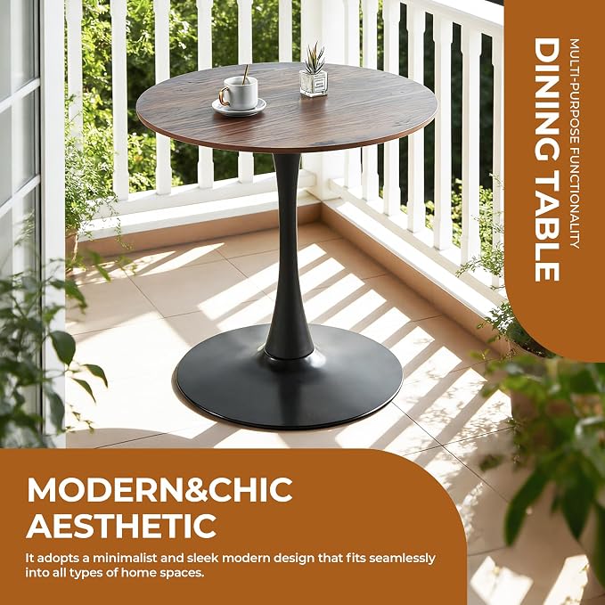 Walnut Round Dining Table, Modern 31.5" Tulip Kitchen Table with Thickened Tabletop & Sturdy Pedestal Base, Tulip Shape Table for Small Places, Living Room, Office, Cafe