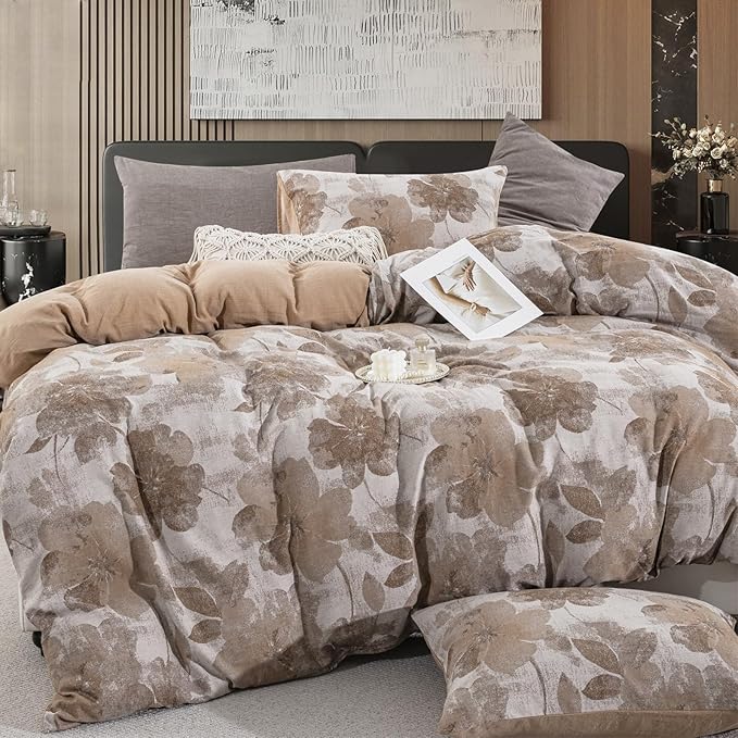 Brown Floral 100% Cotton Duvet Cover Queen Size, Soft Breathable Bedding Set for All Seasons- 1 Patterned Duvet Cover 90x90 Inches with Zipper Closure, 2 Pillowcases