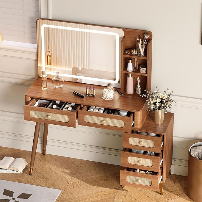 Boho Brown Vanity Desk with Mirror and Lights, Wooden Vanity Desk with Drawers & Shelves, 3 Lighting Modes Makeup Vanitys Tables for Bedroom, Dressing Room, Adjustable Brightness (Walnut)
