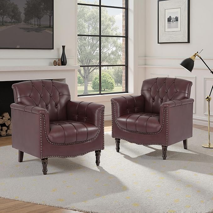 Faux Leather Accent Chair, PU Leather Modern Comfy Upholstered Armchair with Wood Legs & Nailhead Trim for Living Room, Bedroom (Red,Set of 2)