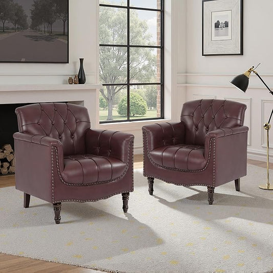 Faux Leather Accent Chair, PU Leather Modern Comfy Upholstered Armchair with Wood Legs & Nailhead Trim for Living Room, Bedroom (Red,Set of 2)