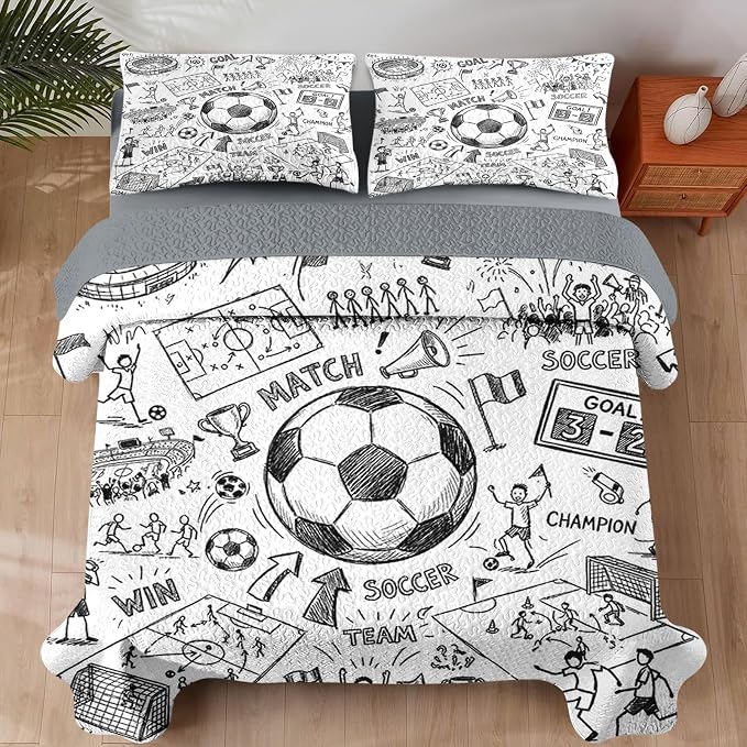 Pamnest Quilt Set King Size, Game Soccer Painting 3 Pcs Soft Bed Cover Bedding Set for Kids and Adults, Football Ball Cup Sport Lightweight Bedspread Coverlet with Pillow Sham for All Season