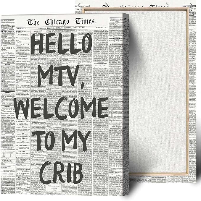 Drimiler Hello Mtv Welcome To My Crib Poster Vintage Black And White Newspaper Canvas Wall Art Positive Affirming 70'S Room Aesthetic Prints Painting For Home Bedroom Dorm Wall Decor 12x16in Wframed