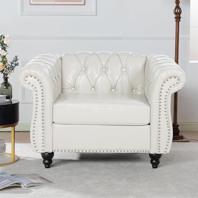 LEVNARY Leather Upholstered Armchair, Mid-Century Modern Single Sofa Chair with Rolled Arms and Nailhead, Tufted Pu Leather Chesterfield Chair for Home Bedroom Reading Room (Cream White)