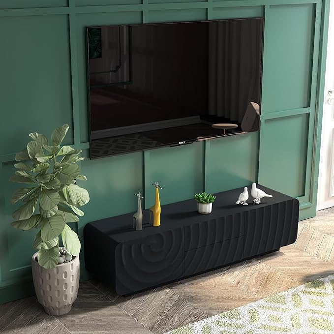 LKTART 58'' TV Stand with Storage & 2 Drawers, Modern TV Console with Water Ripple Door Panels Mid-Century Credenza Sideboard Buffet Cabinet for Kitchen & Living Room (Black)