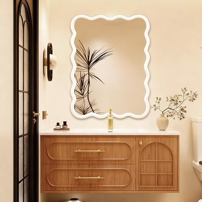 40x30 Inch Wooden Wavy Rectangle Wall Mirror, Modern Solid Wood Frame Decorative Accent Mirror for Bedroom, Bathroom, Living Room, Entryway, White