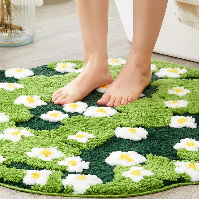 Cute Green Floral Large Bathroom Rugs Bath Mat 3ft Non Slip Washable, Modern Chic Boho Aesthetic Trendy Funky Microfiber Shaggy Tufted Grass Rugs for Bedroom Dorm Nursery Bathroom Kitchen