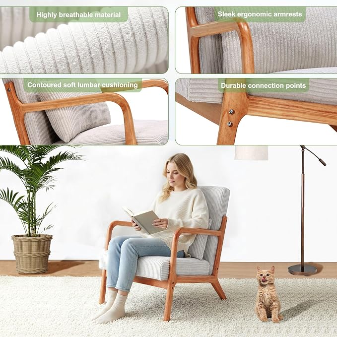 Mid Century Modern Accent Chair with Solid Rubberwood Frame, Comfy Corduroy Reading Armchair with Lumbar Pillow, Compact Lounge Chair for Bedroom, Living Room & Small Spaces, Ivory Cream