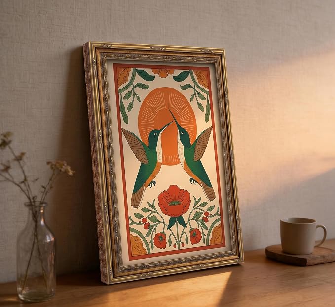 Vintage Gold Framed Hummingbird Wall Art Scandinavian Pictures Floral Bird Painting Canvas Prints Birds Poster Artwork Neutral Farmhouse Wall Decor for Living Room Bedroom Kitchen12x16in