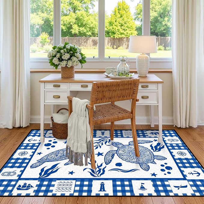 Sea Turtle Rug Coastal Ocean Print Floor Mat Blue and White Plaid Area Rug for Entryway Bedroom Living Room Nursery Kitchen Playroom Home Decor Non-Slip Washable Carpet,3'x5'