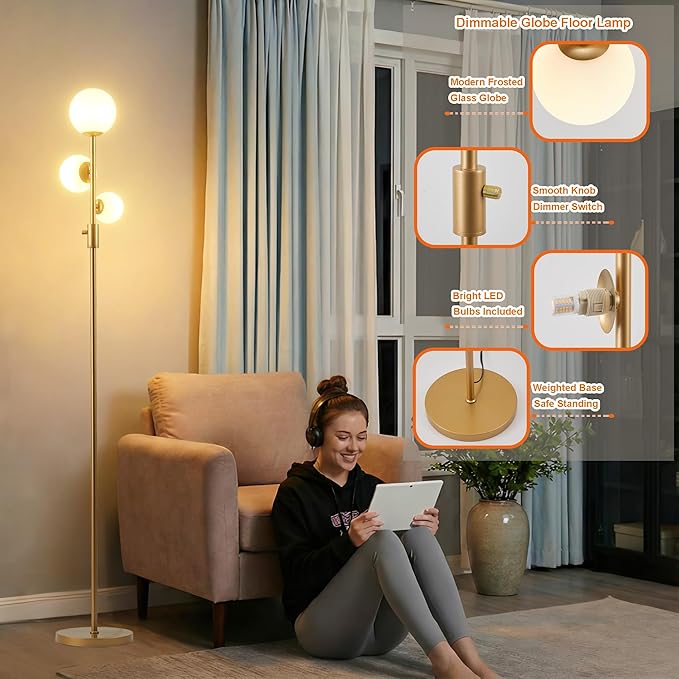 Fiqevs Upgrade Dimmable Floor Lamp, 3 Globe Mid Century Gold Modern Floor Lamps for Living Room with Orb Frosted Glass Shade and 3 LED Bulbs, Standing Tall Lamp for Bedrooms, Office - Antique Brass