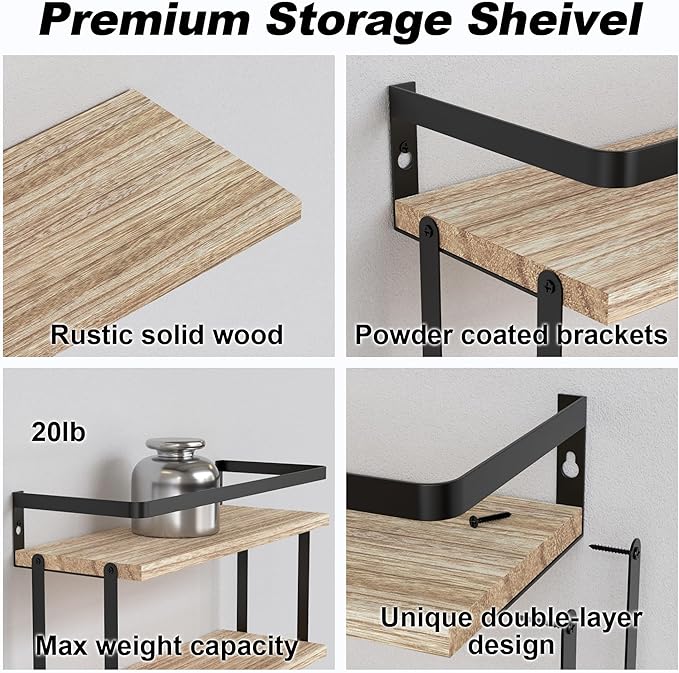 RICHER HOUSE Dual-Level Guardrail Floating Shelves, Rustic Wood Shelf Wall Mounted, Over Toilet Paper Storage Shelf for Bathroom Wall Decor, Bathroom Organizers and Kitchen Storage - Rustic Wood