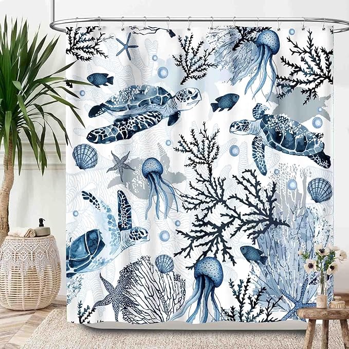 Sea Turtle Shower Curtain,Summer Blue Beach Nautical Ocean Starfish Seashell Animal Theme Bathroom Curtain Waterproof Fabric Machine Washable with Hooks,72x72Inch