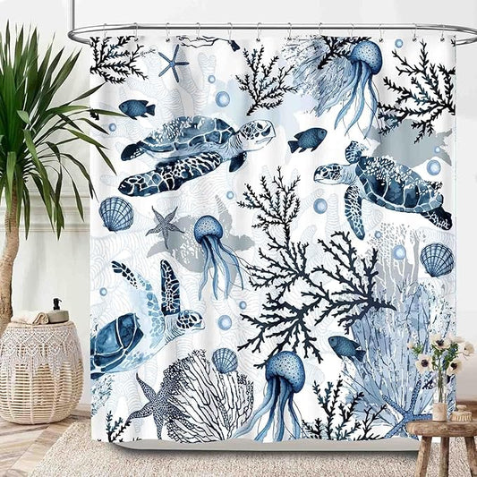 Sea Turtle Shower Curtain,Summer Blue Beach Nautical Ocean Starfish Seashell Animal Theme Bathroom Curtain Waterproof Fabric Machine Washable with Hooks,72x84Inch