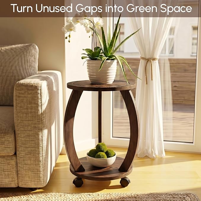 2 Tier Wooden Plant Stand Indoor with Wheels – Tall Plant Stand for 6-12 Inch Pots, Mid-Century Modern Rustic Plant Table Indoor, Pedestal Stand for Corner, Living Room, Balcony, Dark Brown