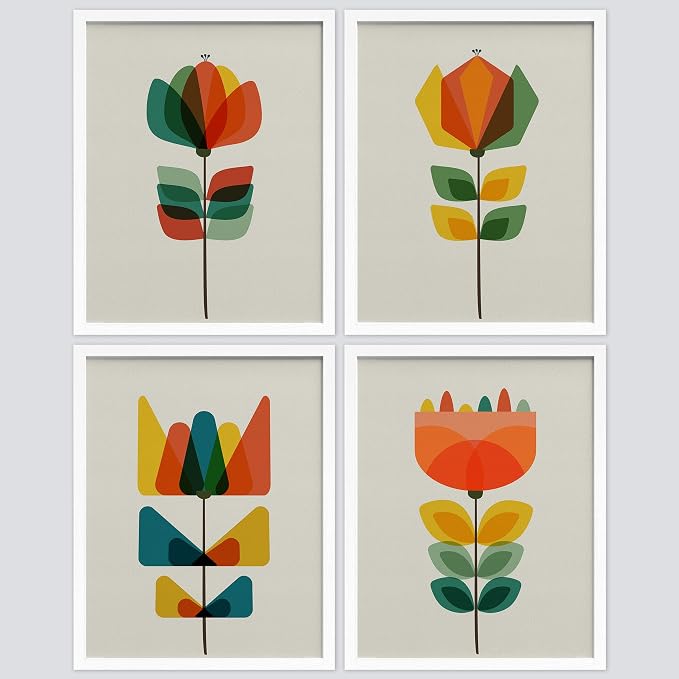 SIGNWIN Framed Mid-Century Modern Retro Botanical Flower Garden Wall Art, Set of 4 Abstract Geometric Wall Decor Prints, Nature Wilderness Wall Décor for Living Room, Bedroom - 8"x10" White