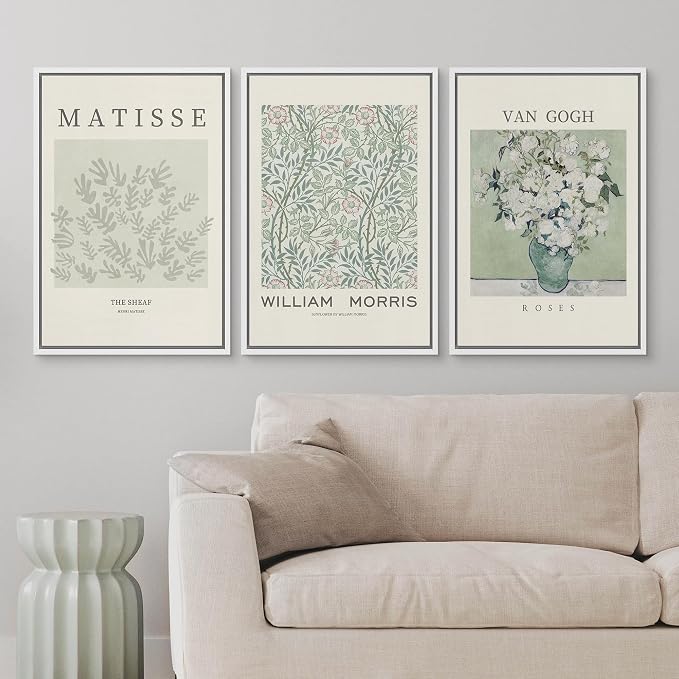 wall26 Framed Canvas Print Wall Art Set Matisse, William Morris, Van Gogh Photography Modern Rustic Scenic Colorful Multicolor for Living Room, Bedroom, Office - 24"x36"x3 White
