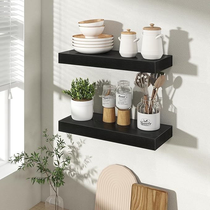 16 Inch Floating Shelves for Wall 2 Pack, 16" Wall Shelves for Books, Storage, Decor, Wall Mounted Floating Shelf with Invisible Brackets for Kitchen, Living Room, Black