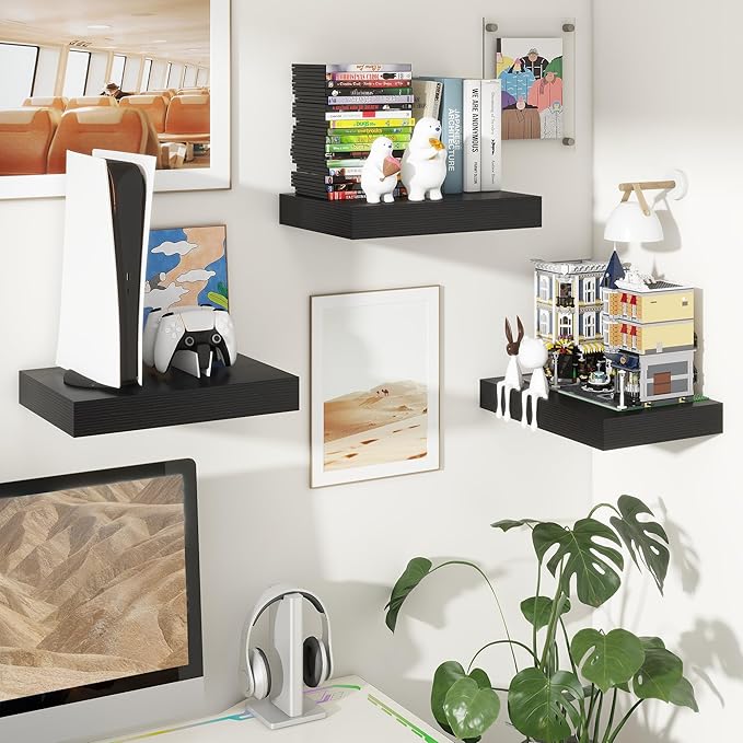 Deep Floating Shelves | 16 Inch Black Floating Shelves Set of 2 | 12 Inch Deep Black Wall Shelves | Deep Shelves for Living Room Bathroom Kitchen Bedroom