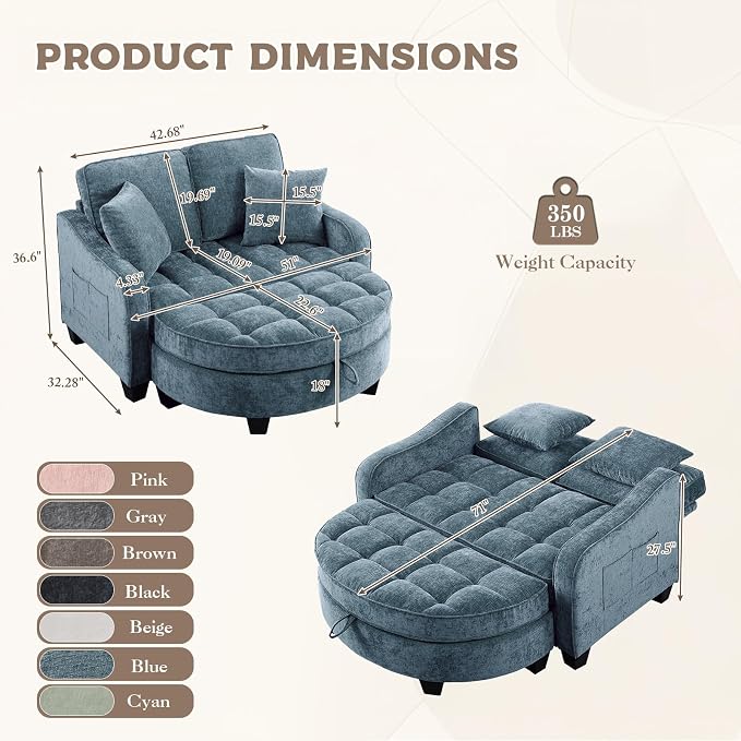 Oversized Curved Chaise Lounge Chair Indoor with Ottoman, 54.8" Cloud Boneless Reading Chair Soft Chenille Circle Couch w/Adjustable Backrest for Living Room, Apartroom, Bedroom, Blue