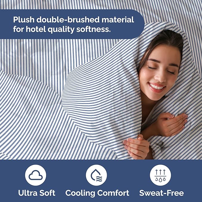 Duvet Cover Twin/Twin XL Size - Extra Soft Twin/Twin XL Size Duvet Cover - Lightweight, Breathable & Cozy w/Zipper Closures and Ties - 68" x 90" Inches - (Blue Stripes 2) Comforter Not Included