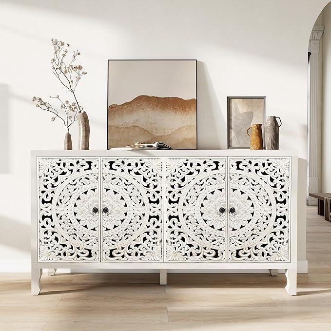 Buffet Cabinet with Storage, Accent Cabinet with 4 Carved Doors, Solid Wood Sideboard with Adjustable Shelf, White Vintage Cabinets for Kitchen, Living Room, Entryway