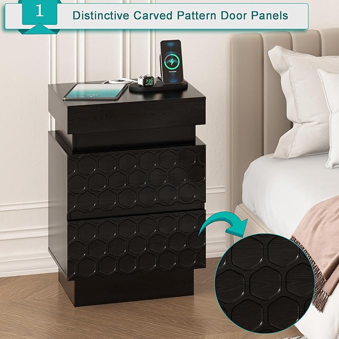 Led Nightstand with Charging Station, Hexagonal Fluted Night Stand with Sliding Top, Wooden Bedside Table with 3 Drawers, Modern Bed Side End Table for Bedroom, Living Room, Black