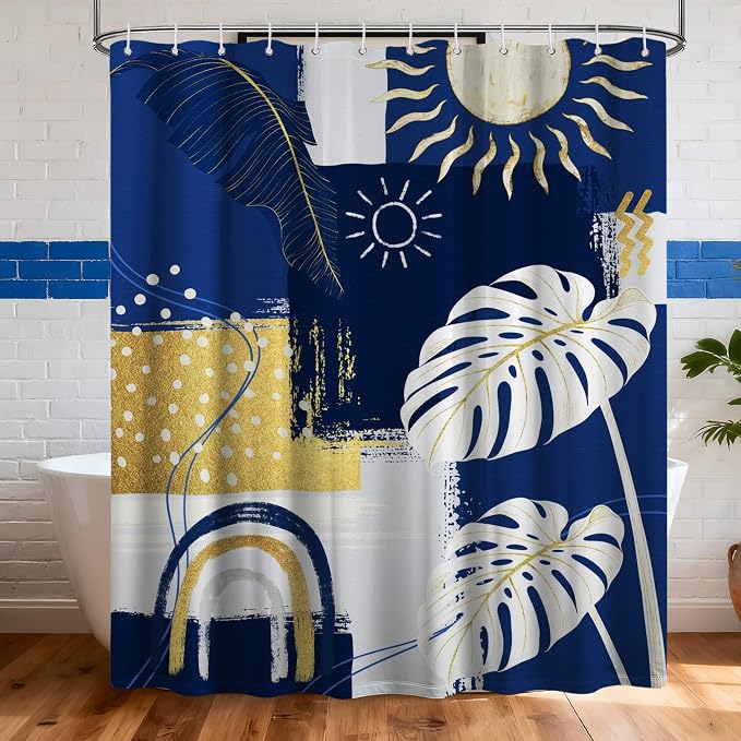 Blue and White Mid Century Modern Shower Curtain Bohemian Abstract Navy Blue and Gold Shower Curtains for Bathroom Decor Sets, Waterproof Cloth Fabric with Hooks, 70x78 Inch