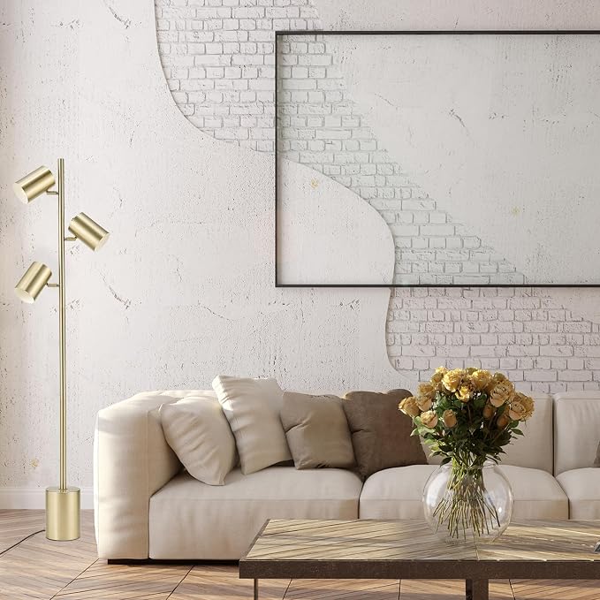 Globe Electric 67604 Pratt 63" 3-Light Floor Lamp, Matte Soft Gold, Large Weighted Base, Individual Rotary On/Off Switches on Shades