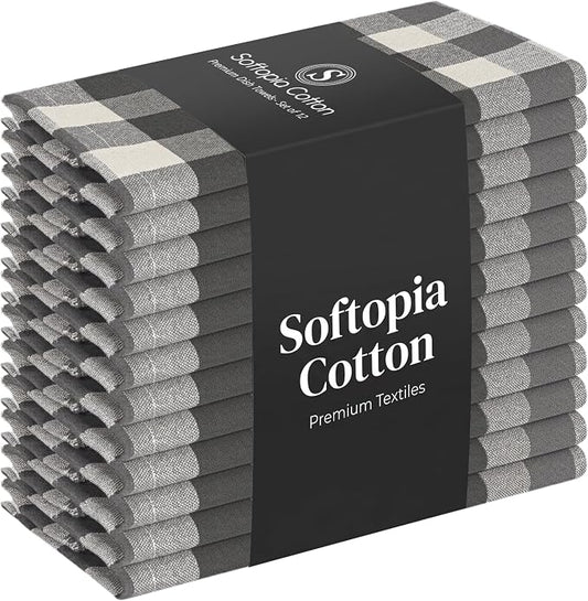 Checked Kitchen Towels 12 Pack, 18x26 Inches, Absorbent Dish Cloths, Reusable and Washable Tea Towels for Drying and Cleaning, Quick Dry Wash Rags - Light & Grey, Natural