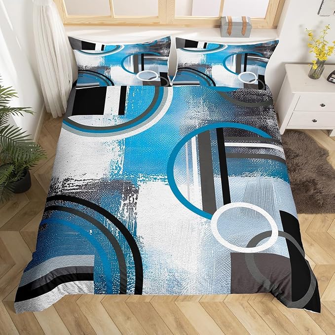 Erosebridal Navy Blue Black Grey Duvet Cover King,Ombre Geometric Comforter Cover,Oil Painting Bedding Set,Grunge Circles Swirls Quilt Cover,Modern Abstract Artwork Bedspread Cover with Zipper,3Pcs