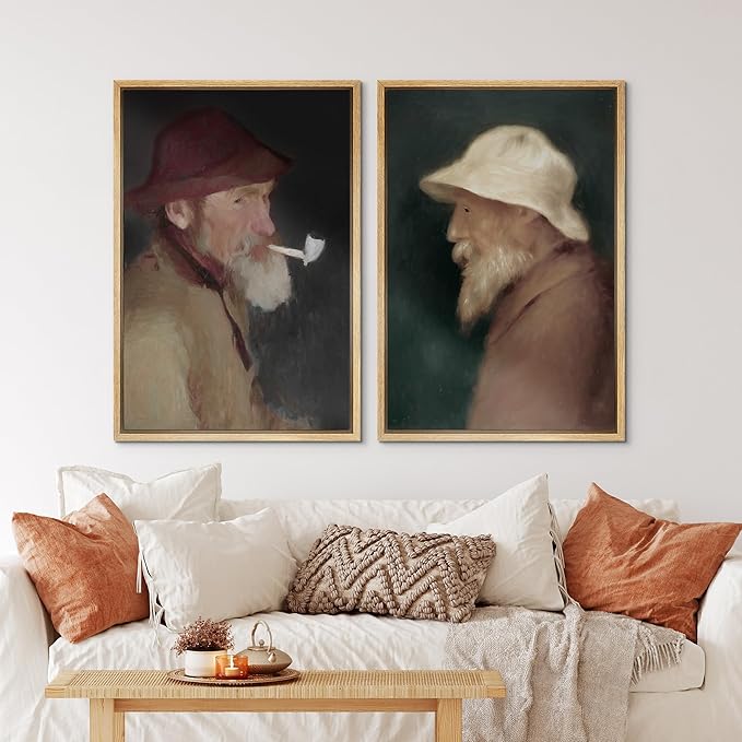 IDEA4WALL Framed Canvas Print Wall Art Set Vintage Old Fishermen Portrait Rustic Illustrations Modern Art Decorative Bohemian Calm/Zen for Living Room, Bedroom, Office - 24"x36"x2 Natural