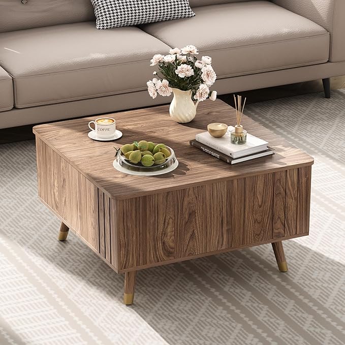 32" Square Lift Top Coffee Table with Storage,Mid Century Modern Walnut Center Table with Rising Desktop for Living Room, Brown Wood Finish