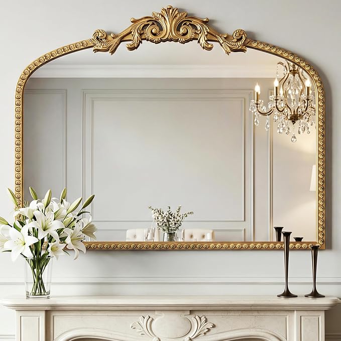 Arched Gold Carved Wall Mirror - 28''x36'' Vintage Gold Large Baroque Wall-Mounted Mirror - Iron Frame with Beaded Trim - Antique French Ornate Mirror for Entryway/Hallway/Fireplace/Bathroom