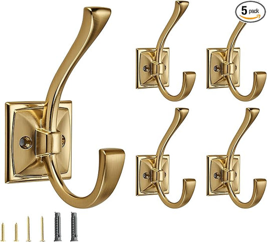5 Pack Decorative Heavy Duty Towel Hooks for Hanging Robe Double Champagne Bronze Coat Hooks Wall Mounted with Screws for Key, Towel, Bags, Cup, Hat