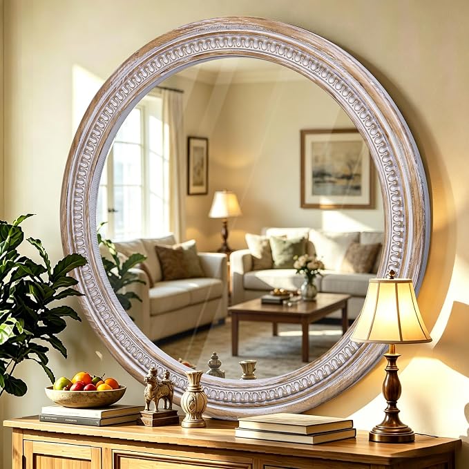 HOITUZYUS 36 Inch Rustic Farmhouse Round Mirror for Wall Decor, Boho Wooden Circle Decorative Mirrors for Bathroom Over Sink, Living Room, Entryway, Bedroom, Hallway