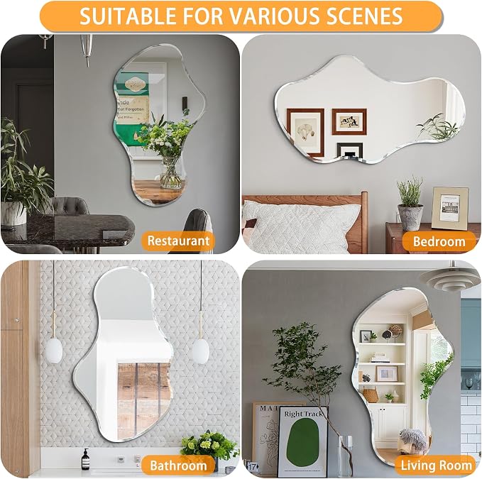 36 x 24 Beveled Edge Frameless Wall Mirror, Modern Asymmetrical Cloud Shape with a Wavy Irregular Design for Bathroom, Entryway, Bedroom, Living Room