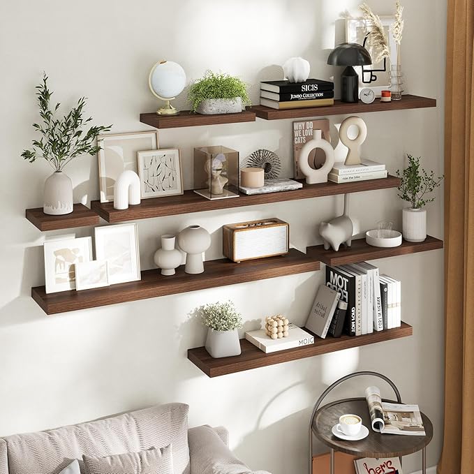 40 Inch Floating Shelves for Wall Set of 2, 8"D Wood Grain Bathroom Shelves with Invisible Brackets, Easy Install Engineered Wood Storage Shelves for Kitchen, Living Room, Bedroom, Walnut Finish