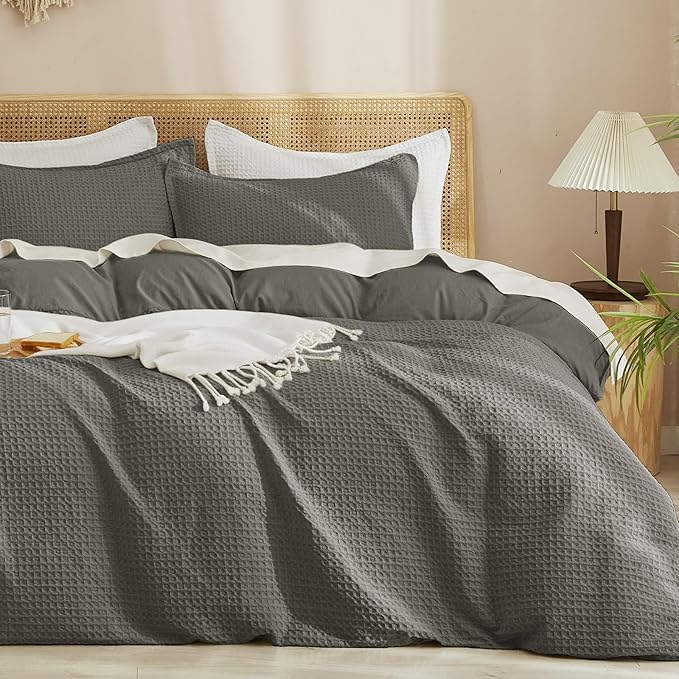 PHF Waffle Weave Duvet Cover Set King Size, No Snagging Ultra Soft Luxury Textured Breathable Comforter Cover for All Season 3pcs, Durable Bedding Duvet Set with 2 Pillow Shams, 104"x90", Grey